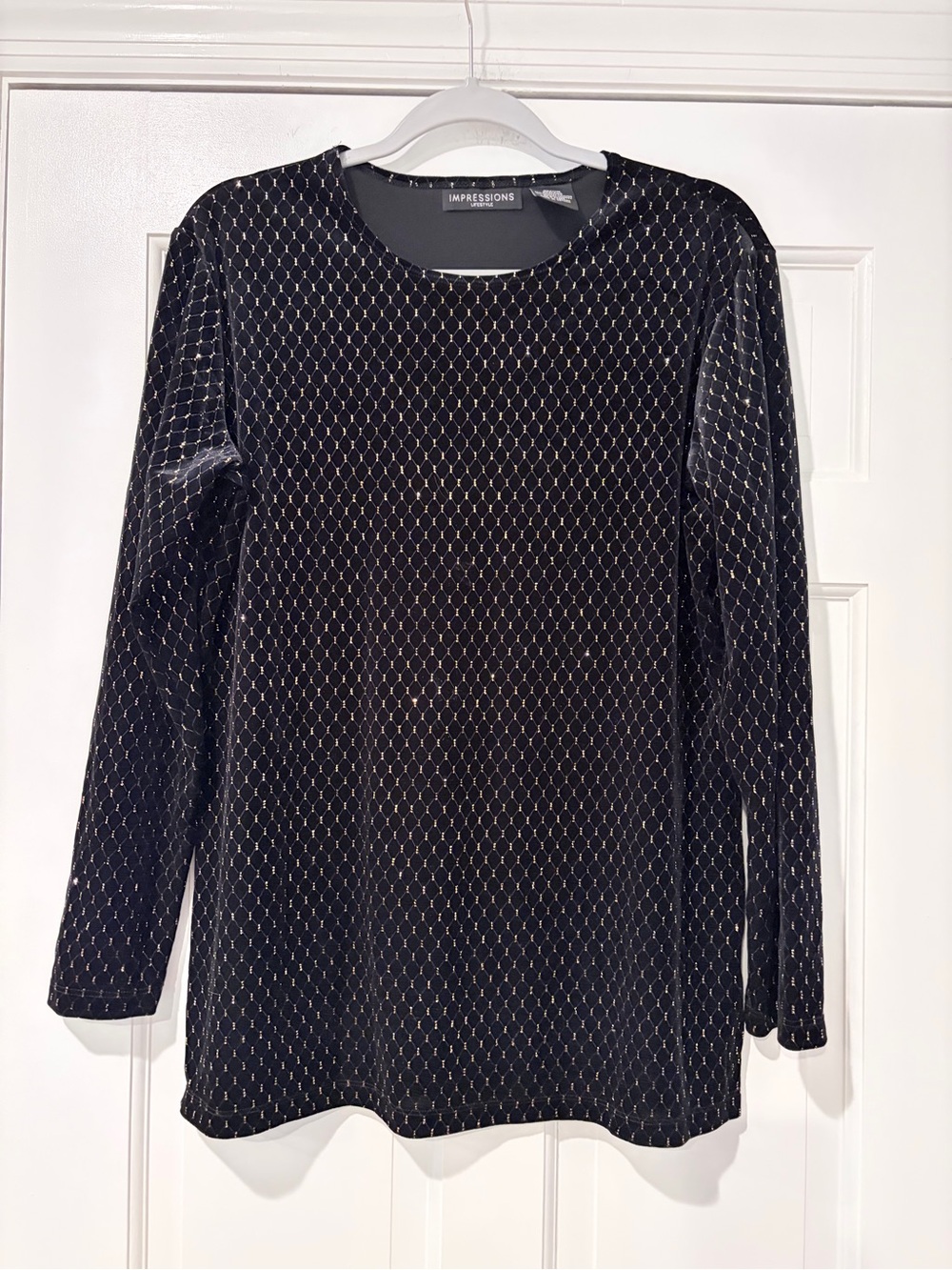 Impressions Black Velvet Gold Metallic Long Sleeve Top Medium